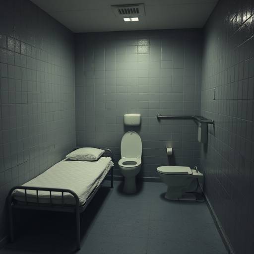 Celda de aislamiento con una cama y un inodoro